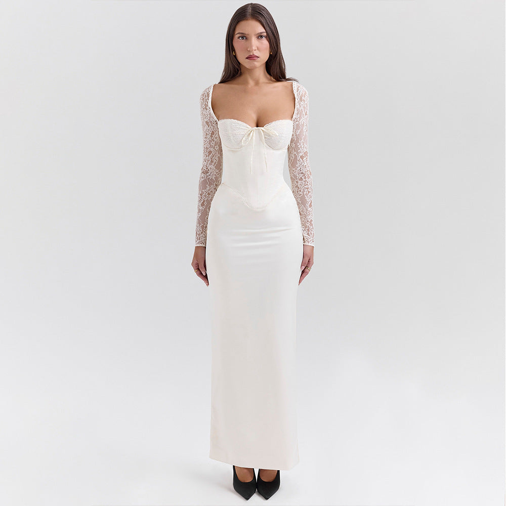 White Sweetheart Neck Maxi Dress - Lace Spliced Long Sleeve Bodycon
