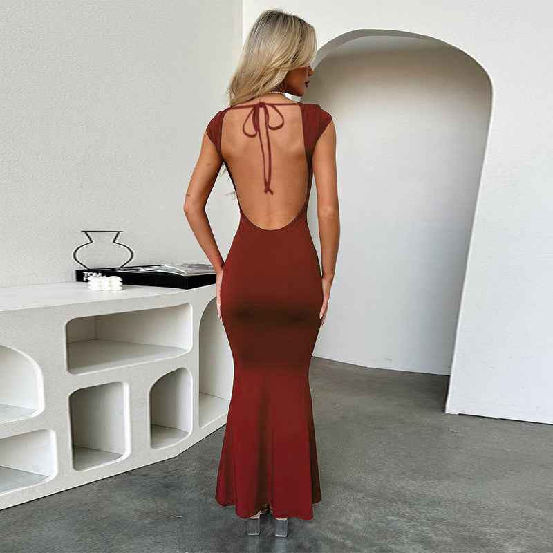 Backless Maxi Dress - Short Sleeve Round Neck A-Line