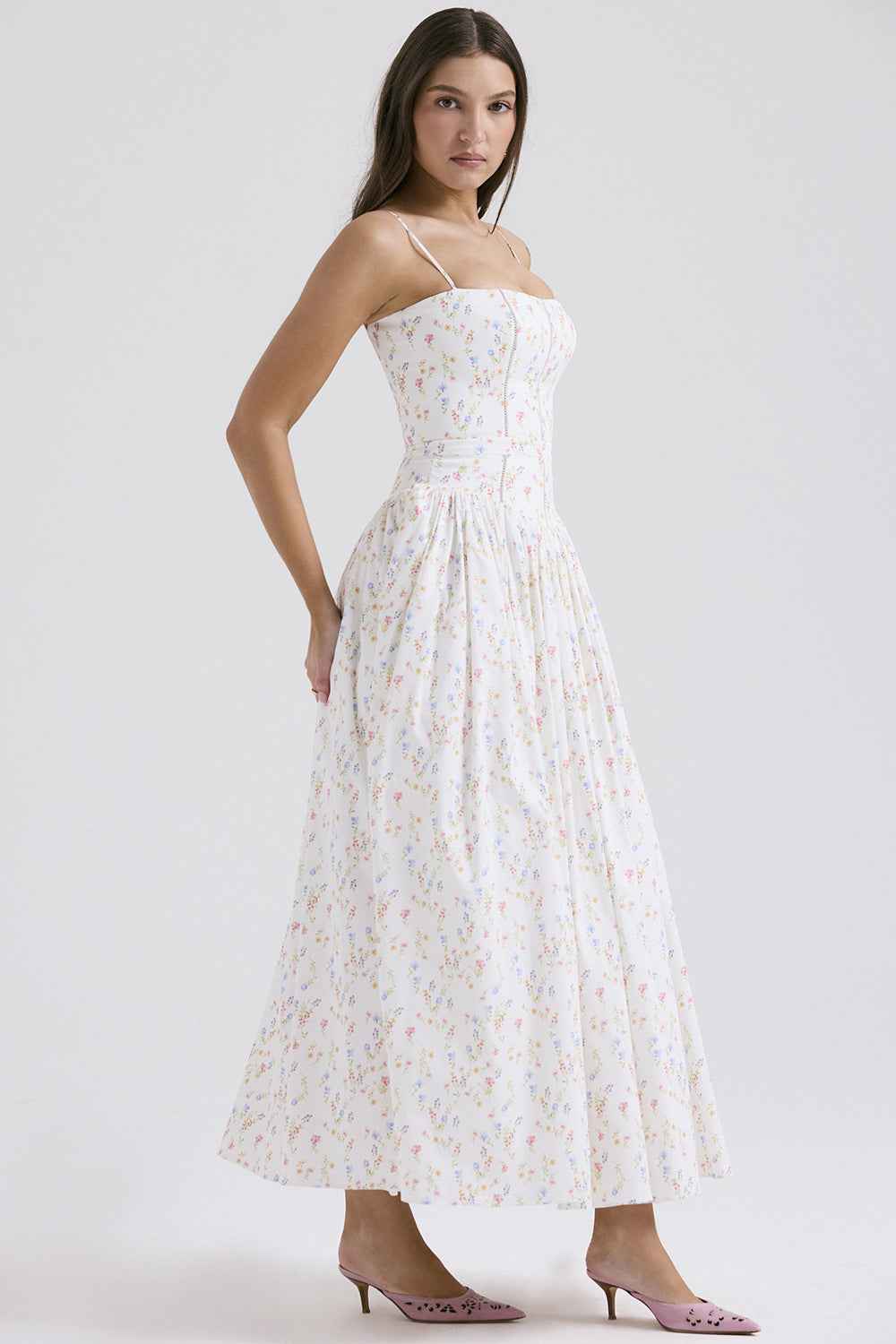 Floral Cami Maxi Dress - Cinched Waist A-Line Spaghetti Strap