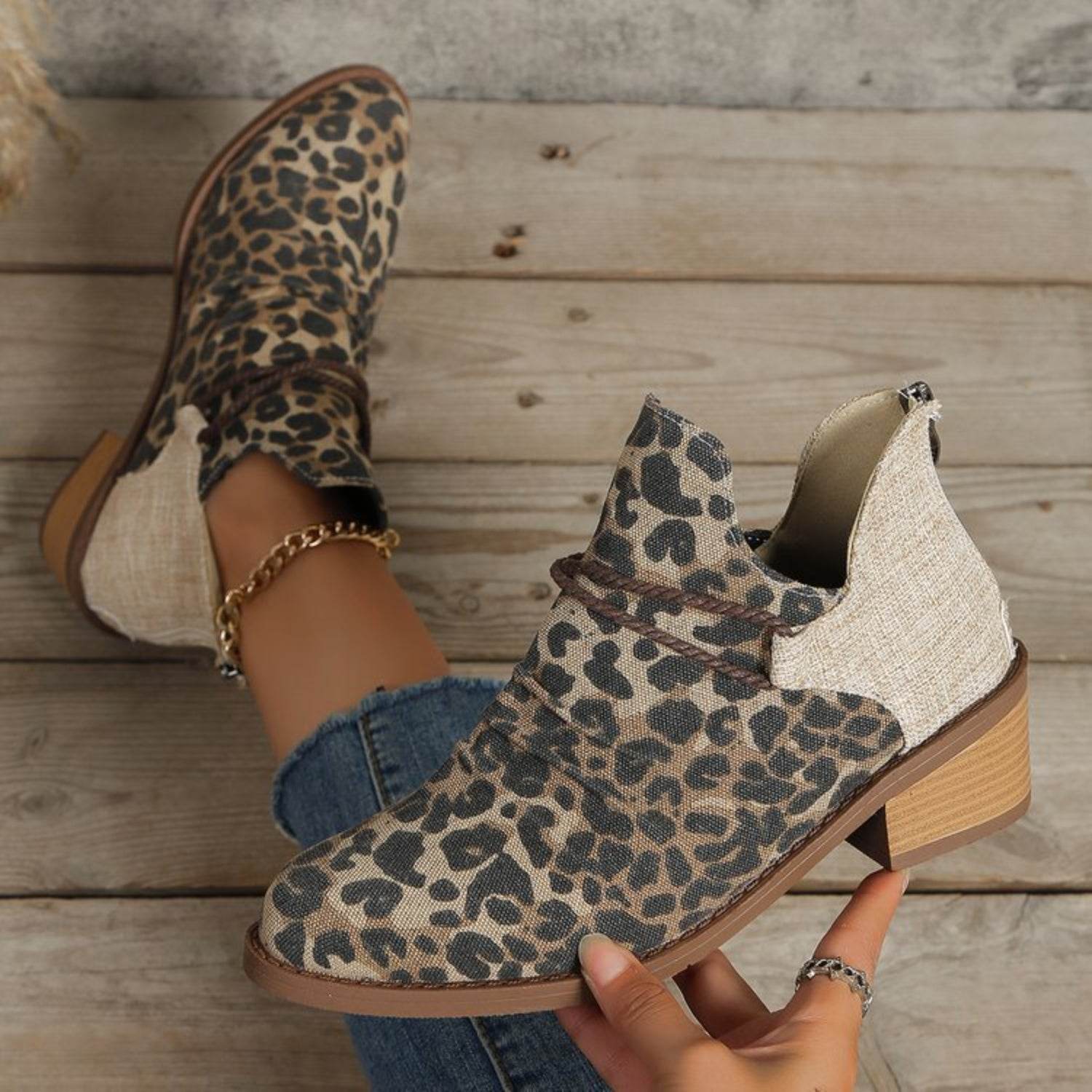 Contrast Canvas Low Heel Boots - Fashions Envy