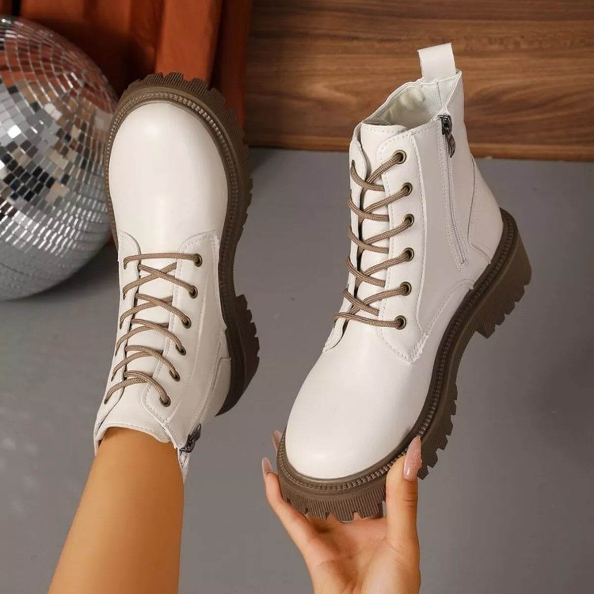 Lace Up Round Toe Boots - Mid Heel Ankle Boots - Fashions Envy