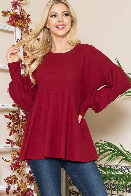 Long Sleeve Round Neck Soft Knit Babydoll Top