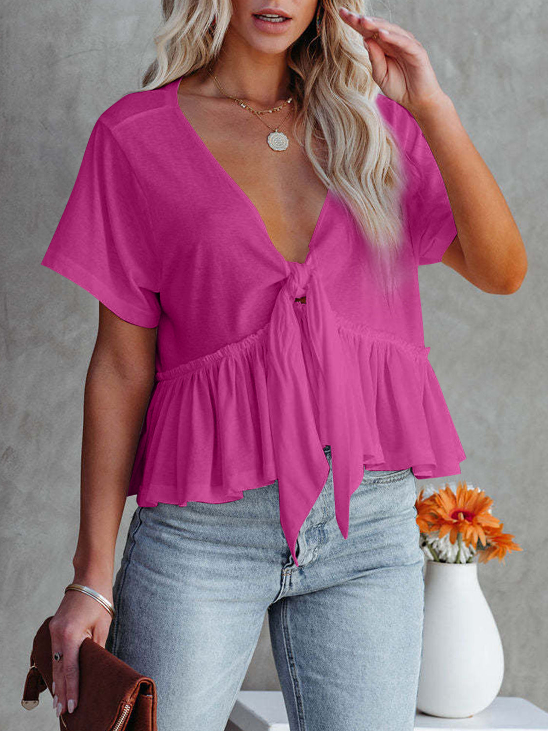 Tied Plunge V-neck Short Sleeve Blouse