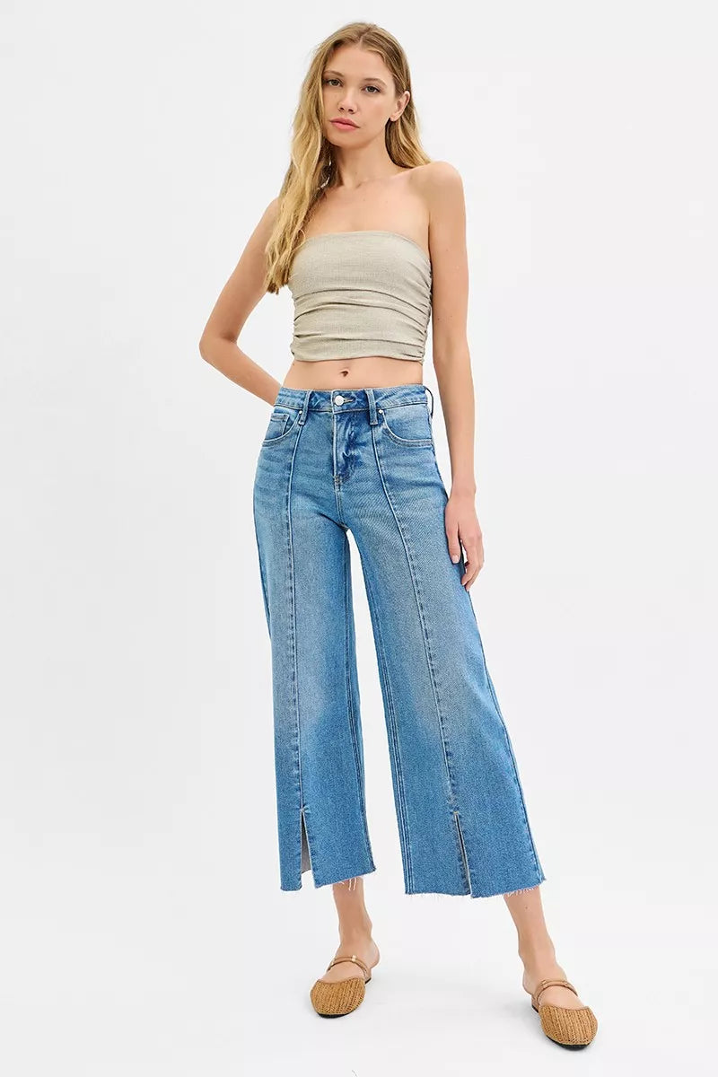 RISEN Crop Wide Leg Jeans - Tummy Control Mid Rise Front Slit - Fashions Envy
