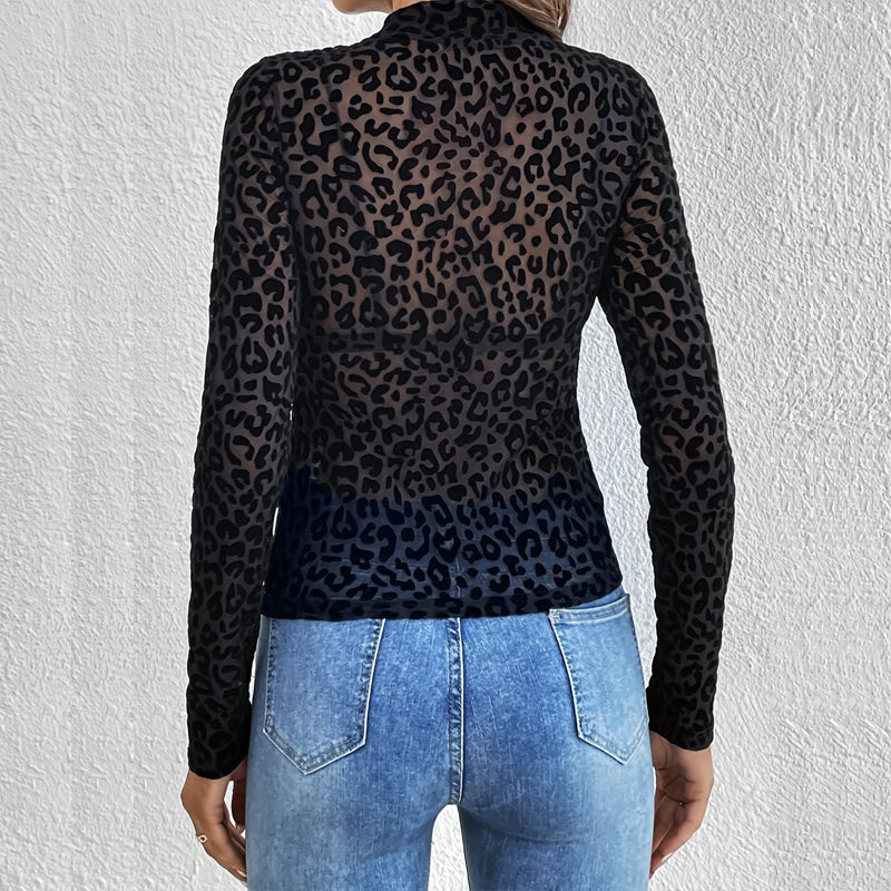 Leopard Print Top - Sheer Stand Collar Long Sleeve