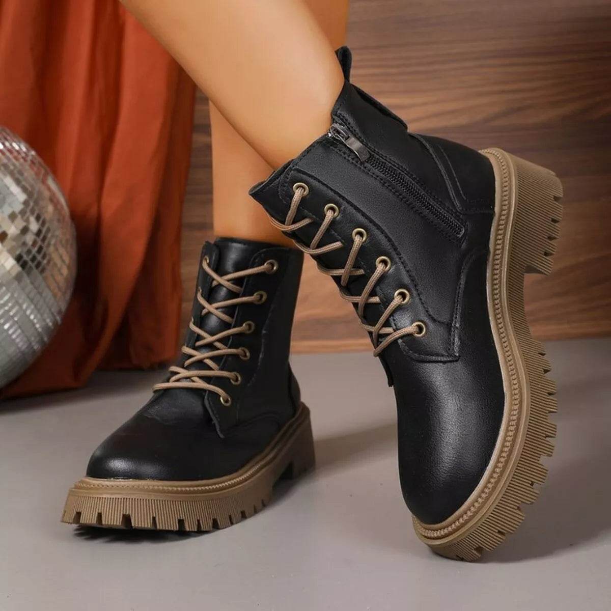 Lace Up Round Toe Boots - Mid Heel Ankle Boots - Fashions Envy
