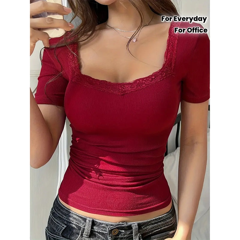 Women's Y2K Lace Trim Tee - Slim Fit U Neck Short Sleeve Top