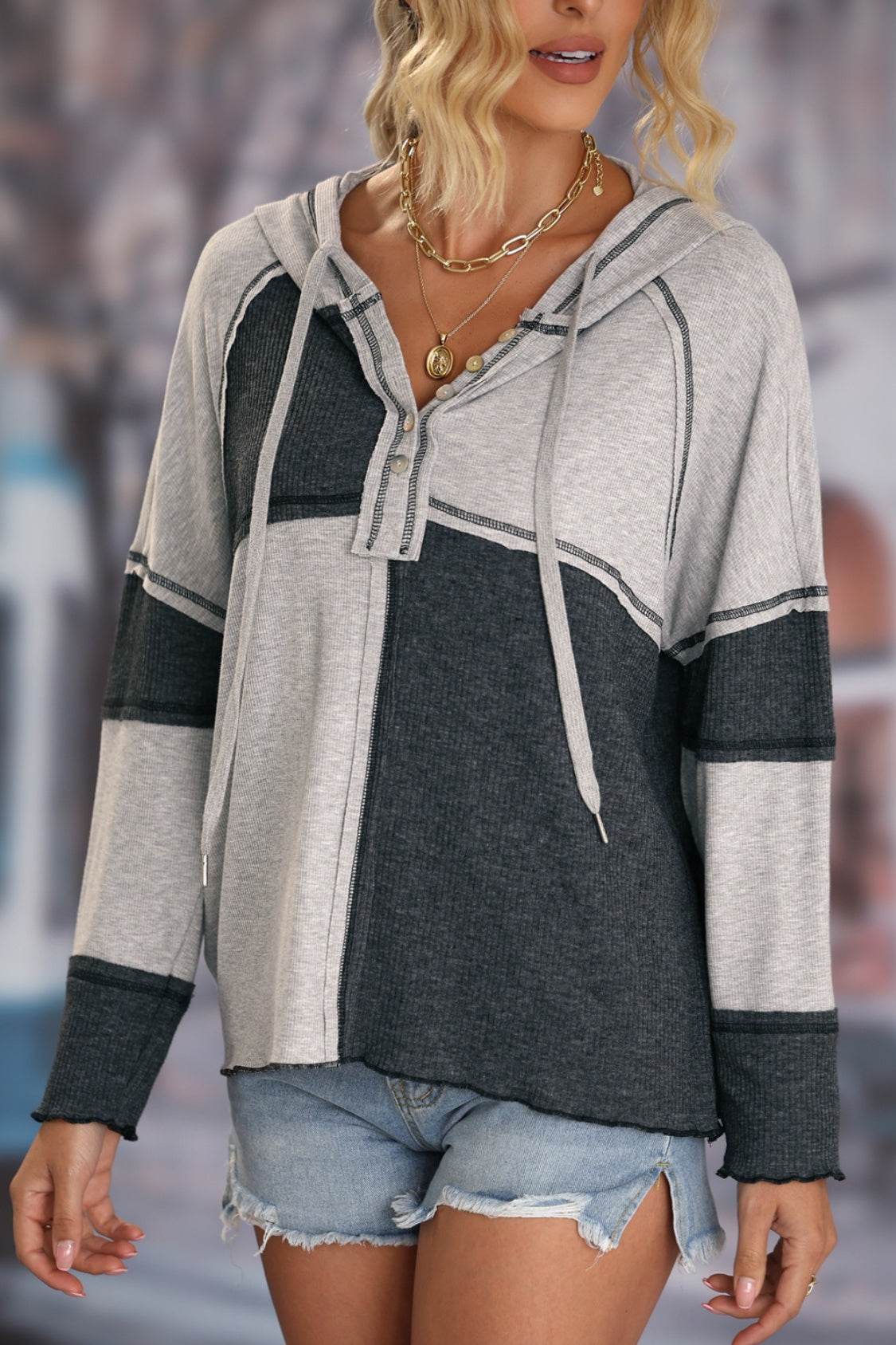 Multicolor Colorblock Ribbed Henley Hoodie - Fashions Envy