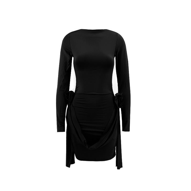 Draped Bodycon Dress - Long Sleeve Ruched Side Tie Mini