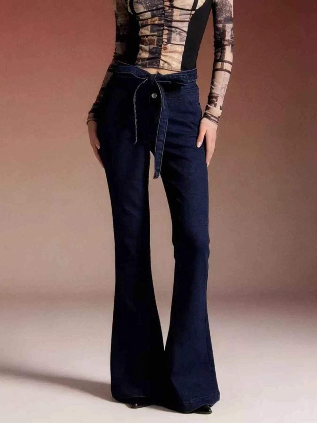 High-Waisted Flare Jeans - Bow-Tie Front