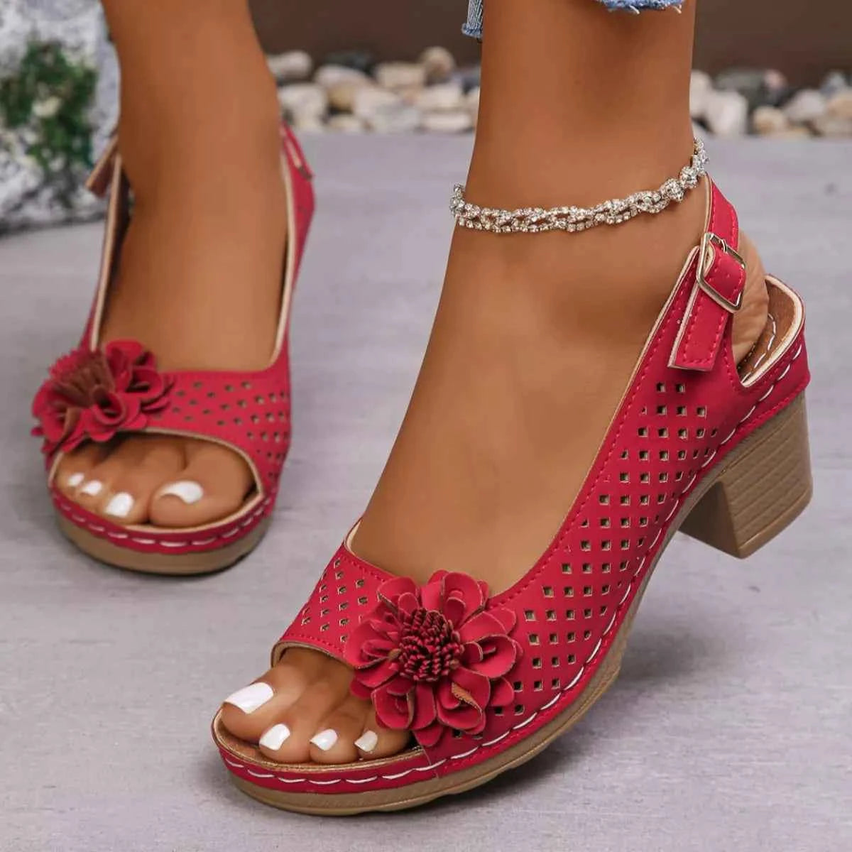 Floral Accent Block Heel Sandals