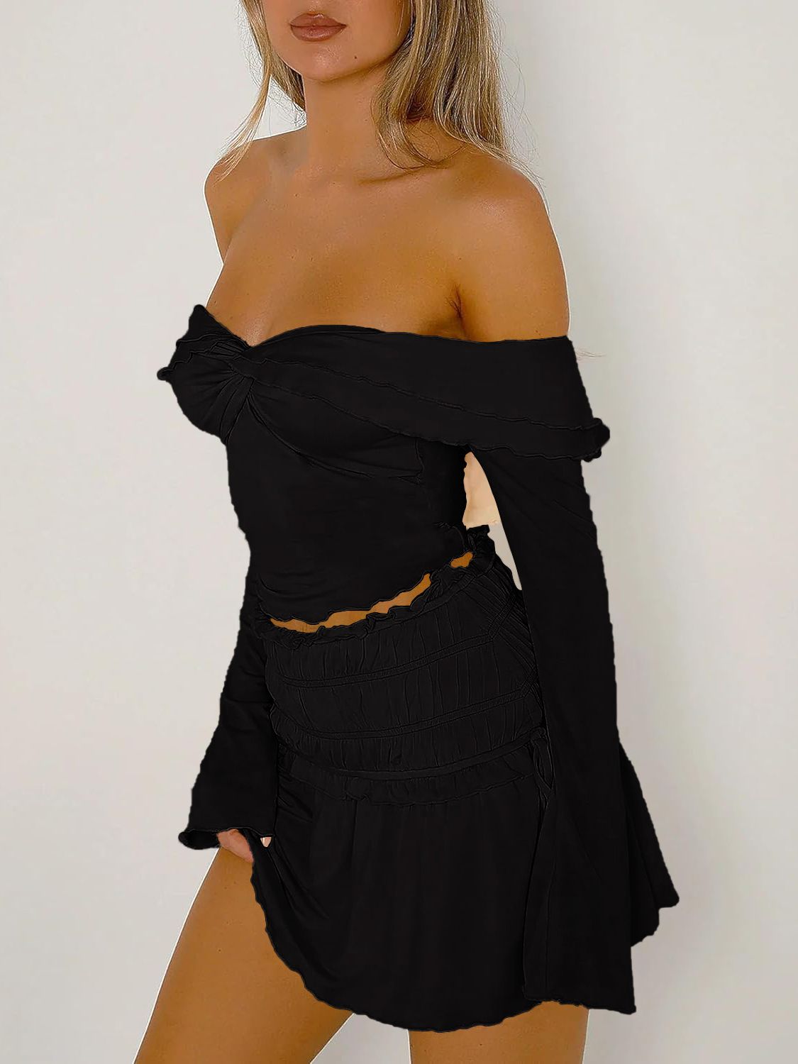 Devine Twisted Ruffled Off-Shoulder Long Sleeve T-Shirt - Fashions Envy