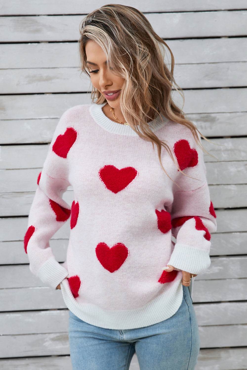 Angel Wings Heart Round Neck Long Sleeve Sweater - Fashions Envy