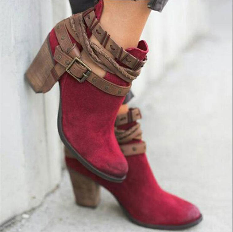 Women's High Heel Martin Boots - Rivet Belt Buckle Design - Fashions Envy