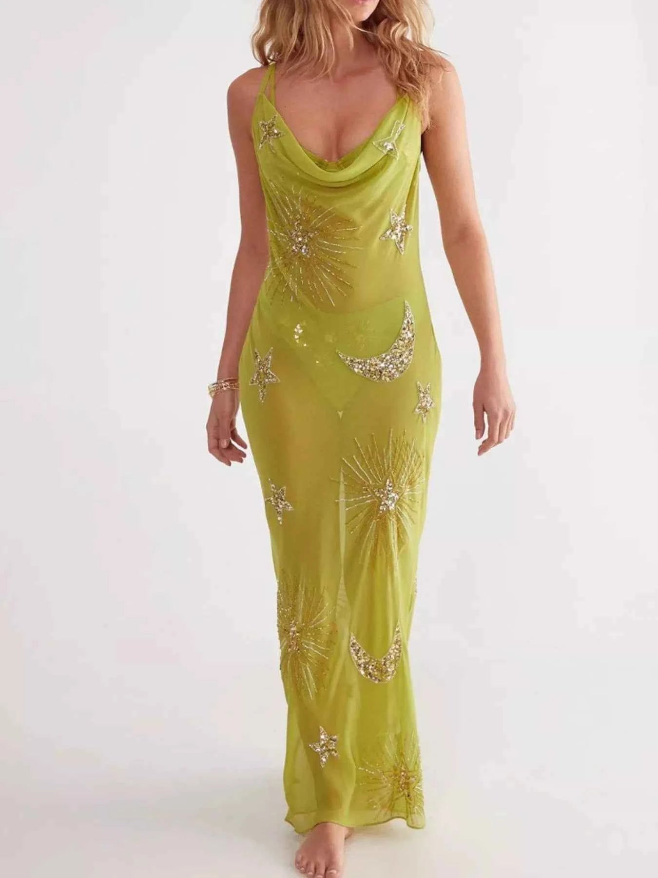 Sequin Maxi Cover Up Dress - Backless Sheer Resort Glam