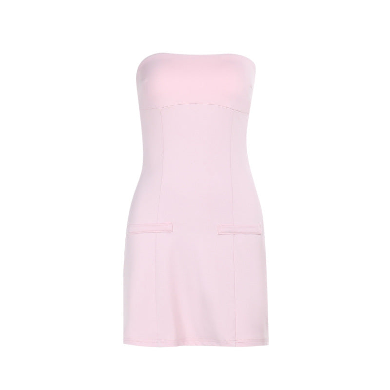 One-Shoulder Mini Dress - PU Leather Pockets