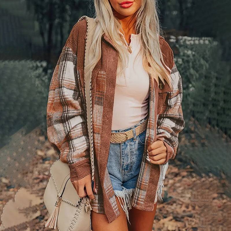 Women's Check Print Button Shirt - Notch Lapel Blouse - Fashions Envy