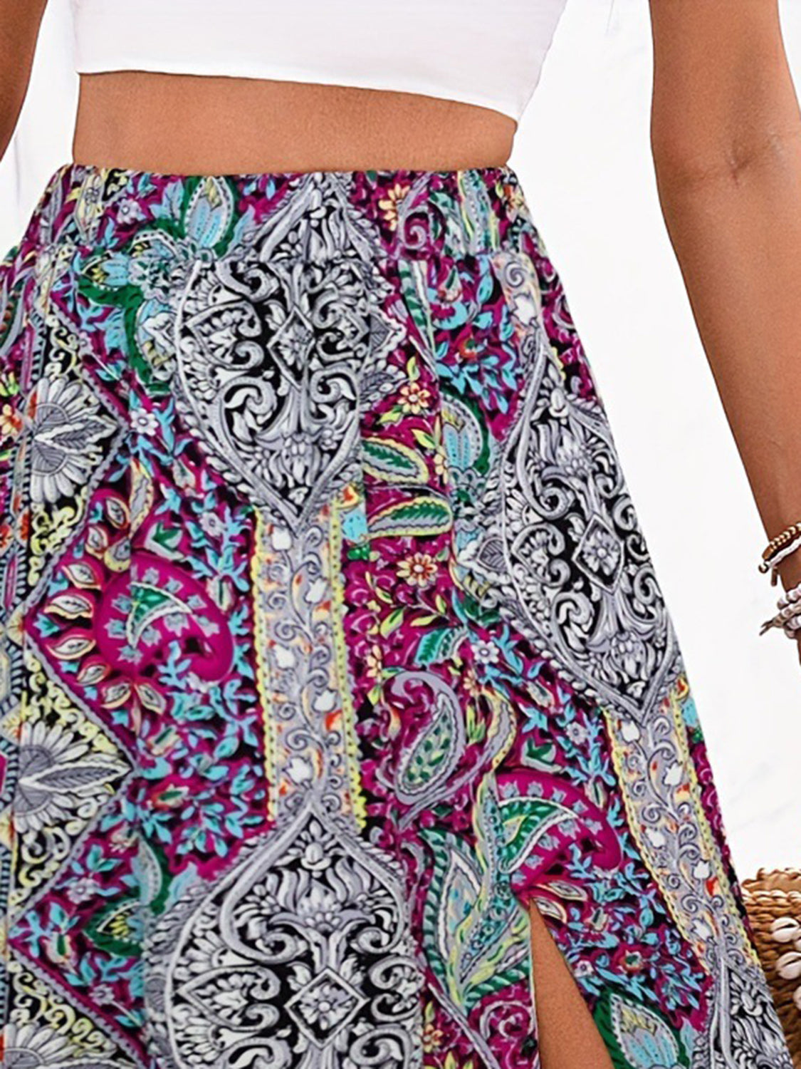 Slit Printed Elastic Waist Skirt - Fashions Envy