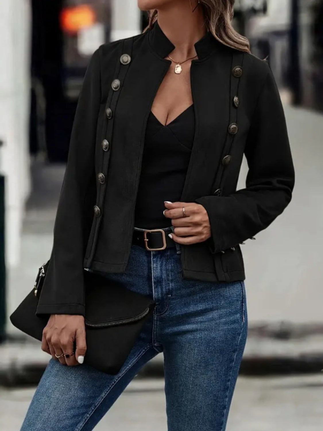 Decorative Button Open Front Long Sleeve Jacket - Fashions Envy