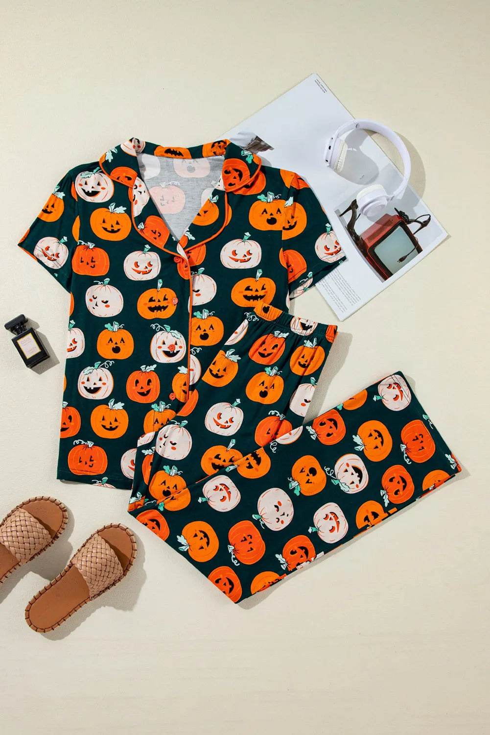Pumpkin Printed Short Sleeve Top and Pants Lounge Set - Fashions Envy