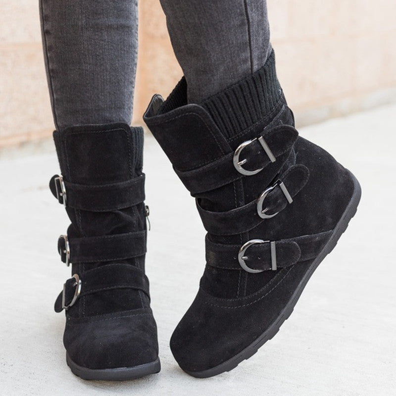 Women's Casual Winter Boots - Strap Buckle Design - Fashions Envy