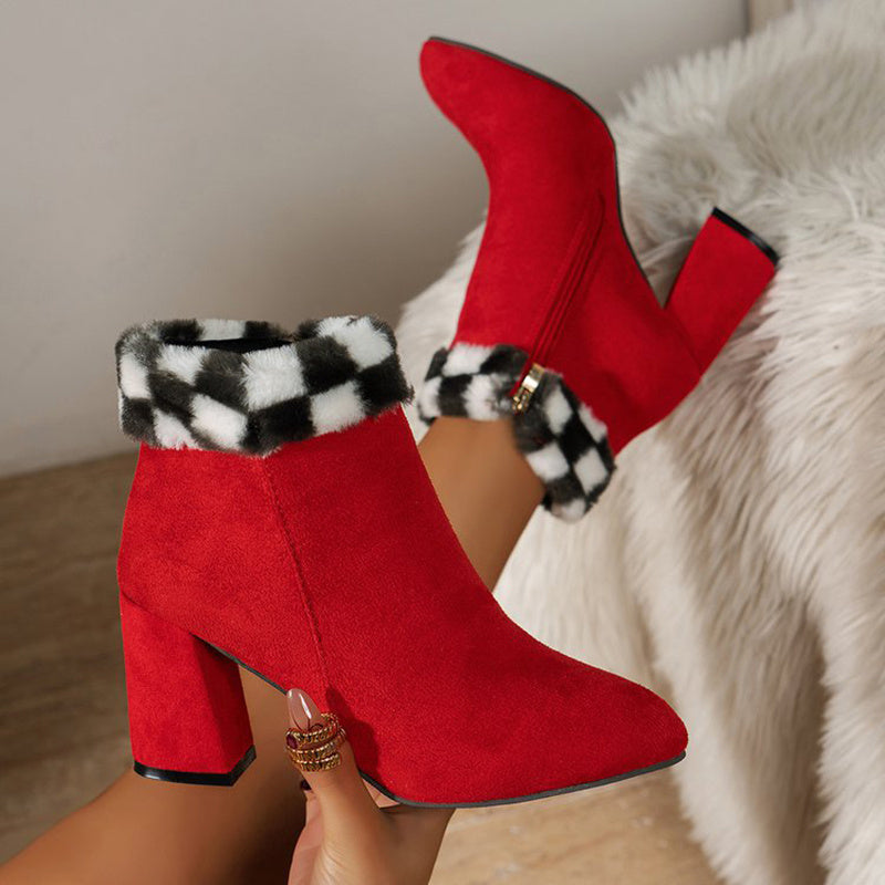 Plaid Ankle Boots - Furry Lined Square Heel Winter Boots