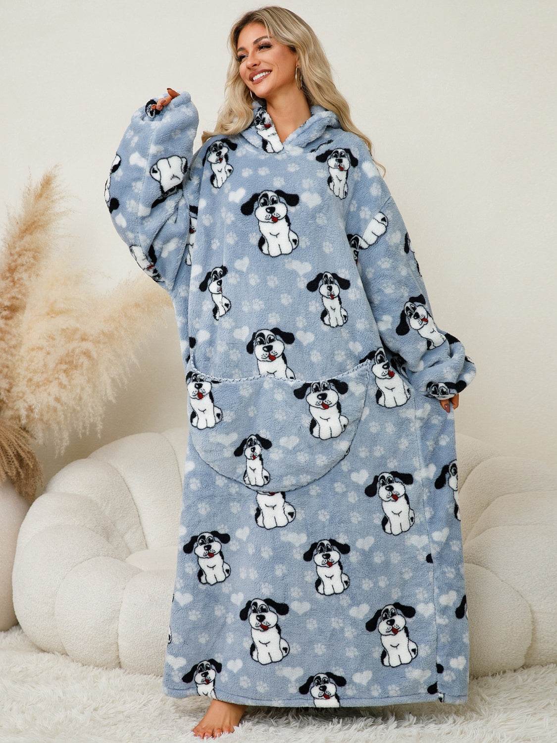 Fuzzy Pocketed Long Sleeve Hooded Lounge Dress - Fashions Envy