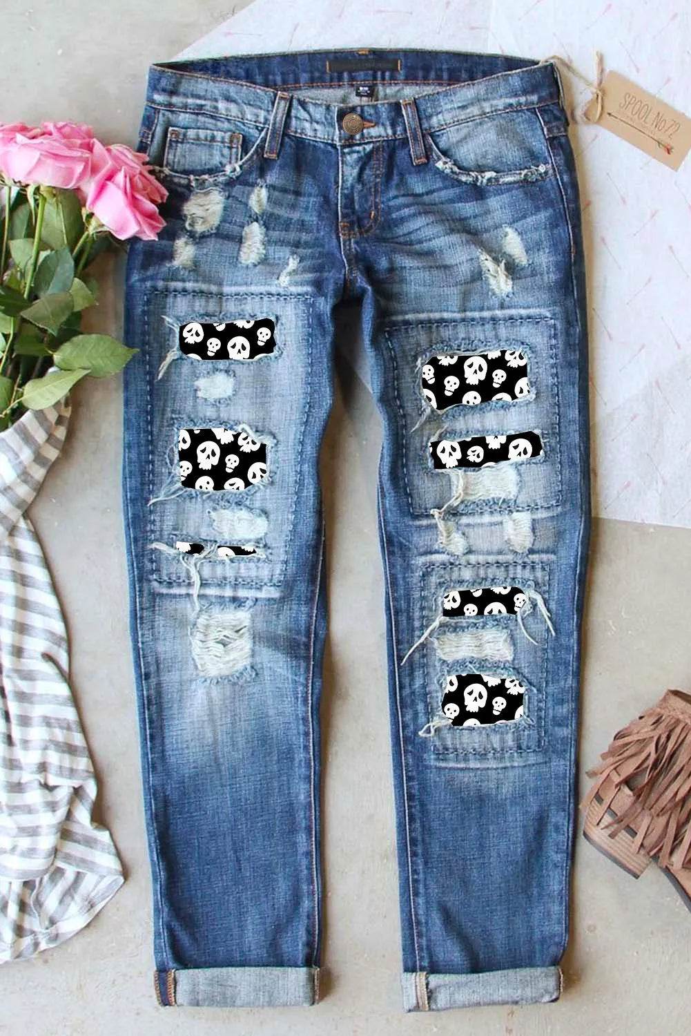 Distressed Skeleton Pattern Jeans with Pockets - Fashions Envy