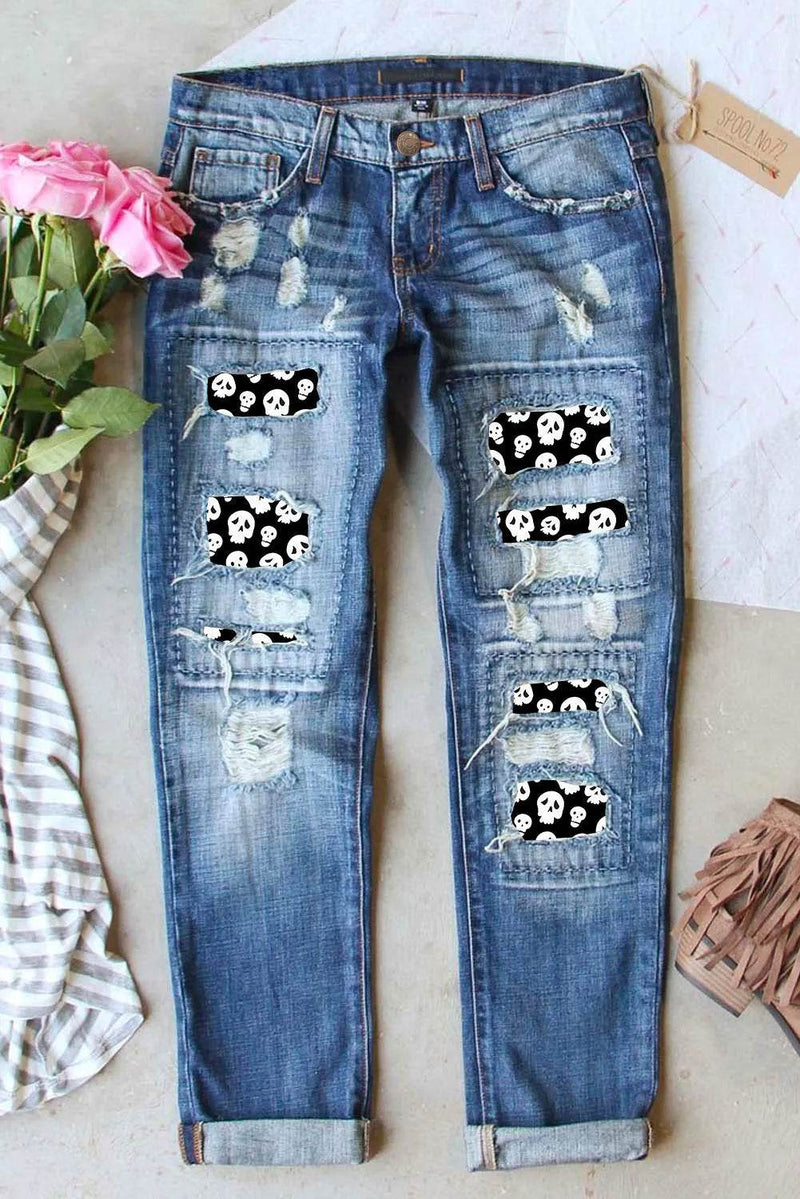 Distressed Skeleton Pattern Jeans with Pockets - Fashions Envy