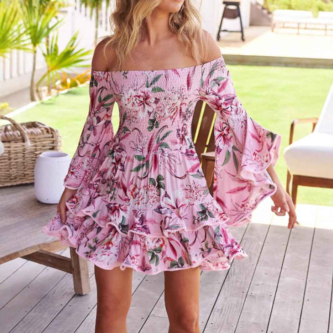 Off-Shoulder Floral Mini Dress - Flared Sleeve Ruffle
