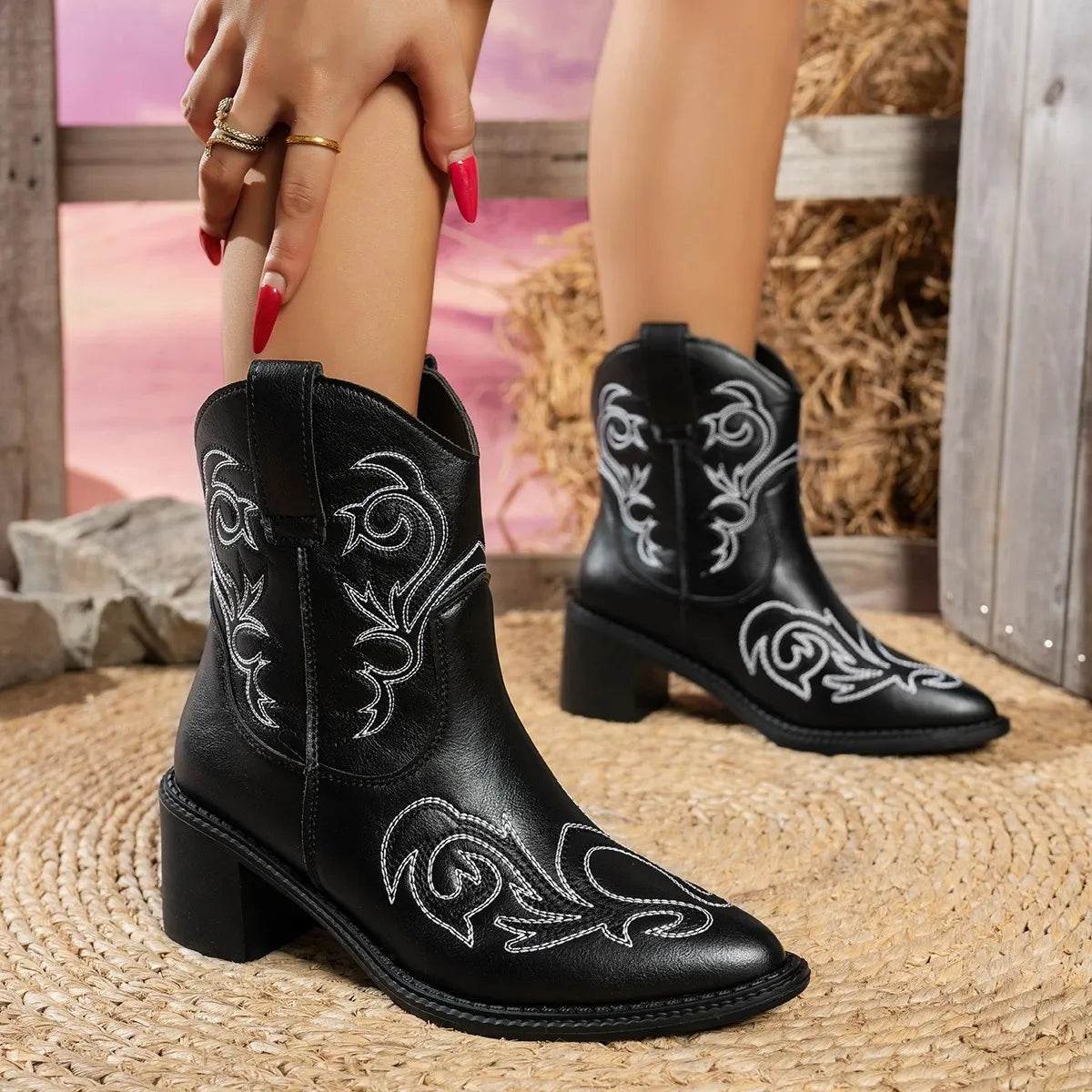 Point Toe Block Heels Boots - Mid Heel Ankle Boots - Fashions Envy