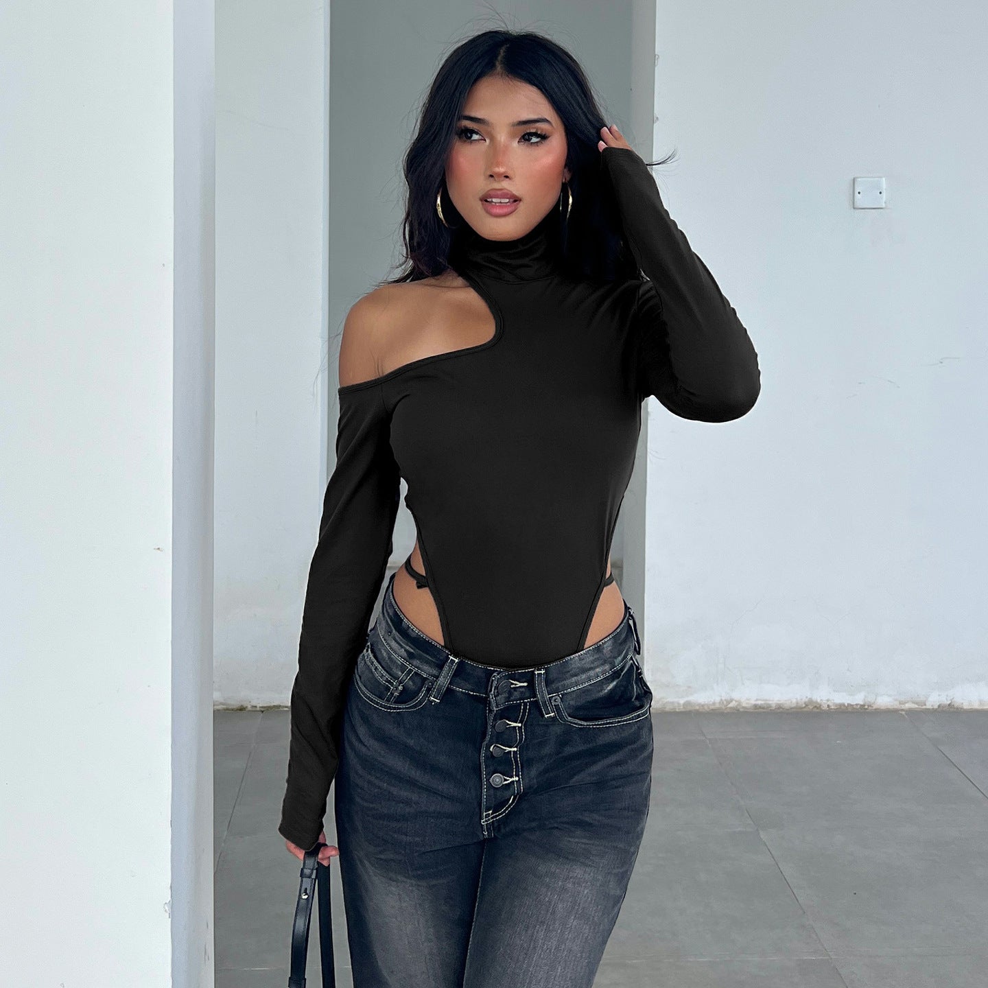 Turtleneck Bodysuit - Open Shoulder Cutout Sexy Style