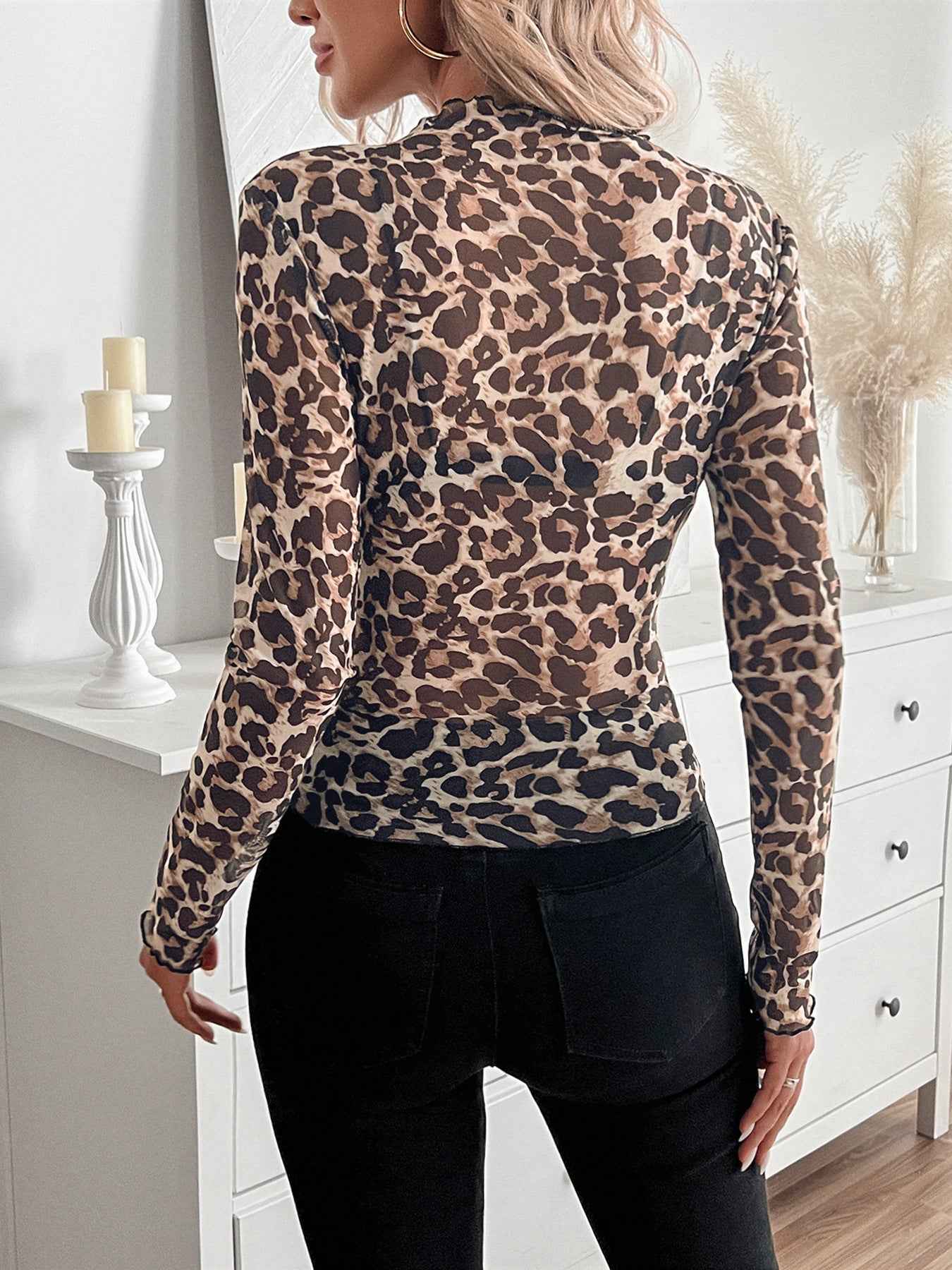 Small Stand-up Collar Blouse - Long Sleeve Mesh Top