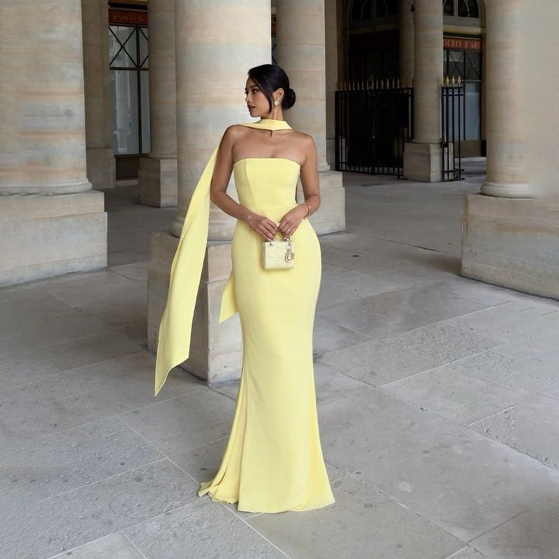 Strapless Ribbon-Trimmed Prom Gown - Fitted Sheath Dress