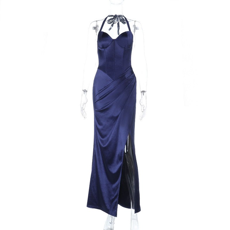 Satin Maxi Dress - Halter Neck Slit Dark Blue - Fashions Envy