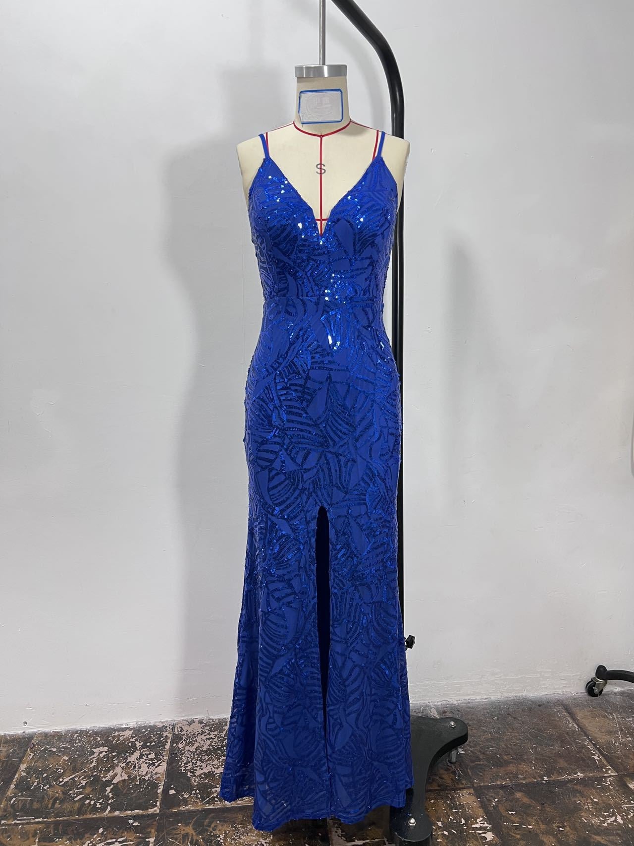 Spaghetti Strap Sequin Prom Gown - Deep V Maxi Slit Dress