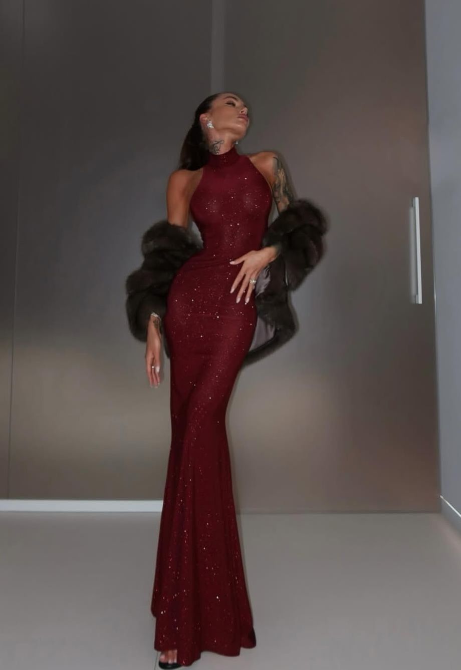 Mock Neck Sequin Prom Dress - Sleeveless Bodycon Gown