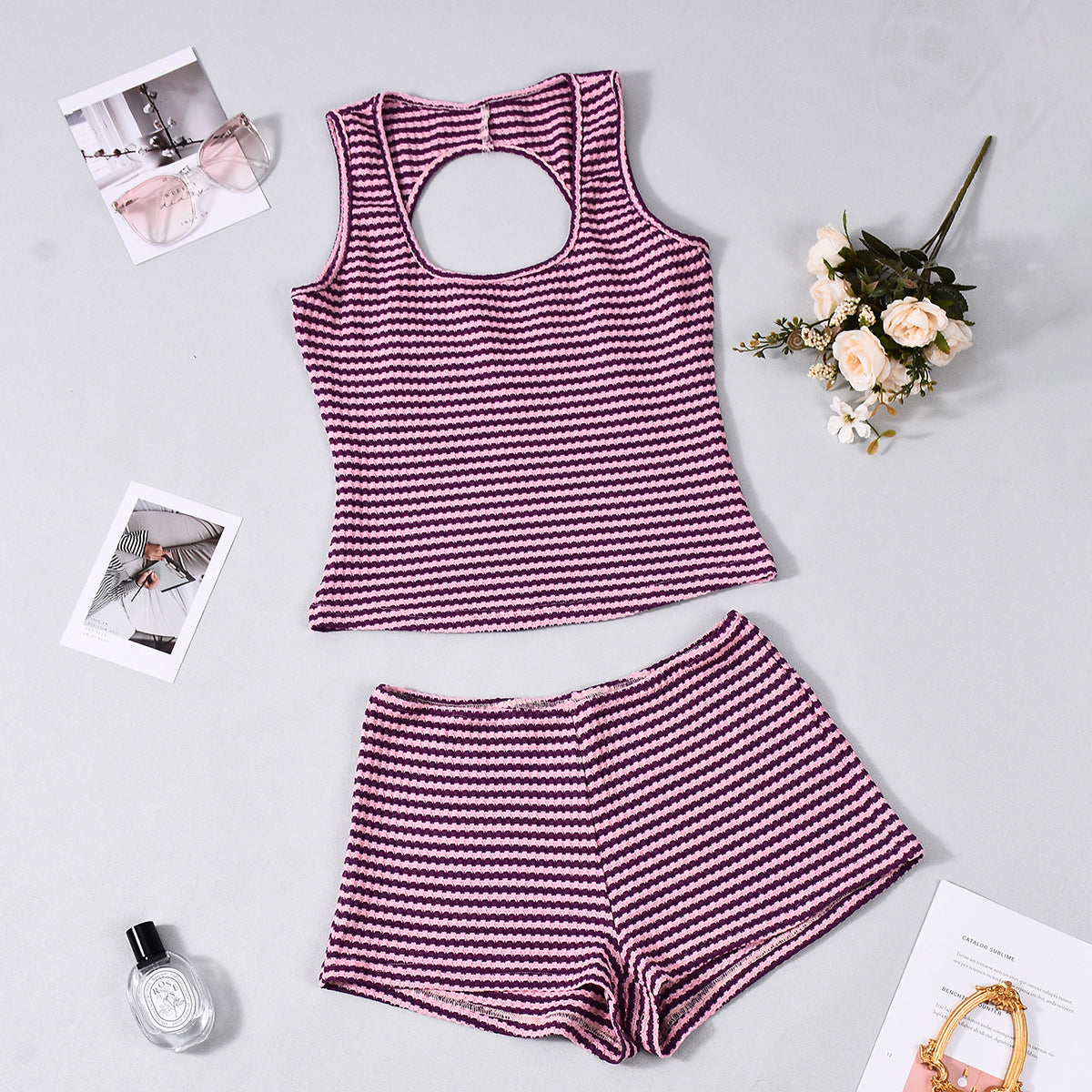 Purple Striped Shorts Set - Backless Tank Two-Piece