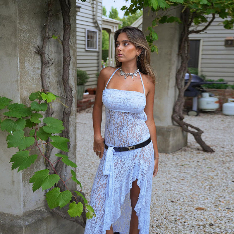 Lace Halter Maxi Dress - Sleeveless Style