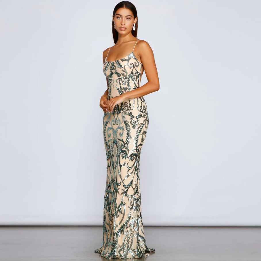 Green Sequin Maxi Dress - Emerald U-Neck Floor Length Gown