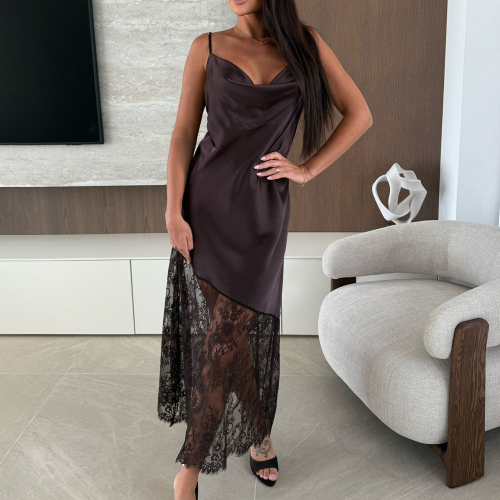 Lace Trim Camisole Dress - V-Neck Satin Maxi