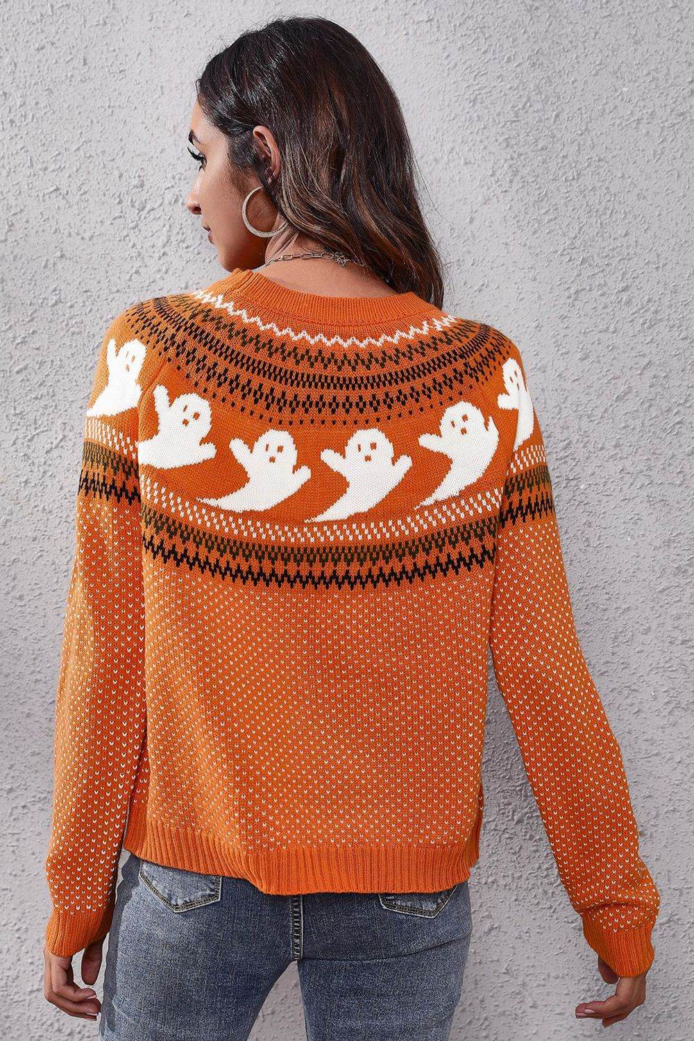 Ghost Pattern Round Neck Long Sleeve Sweater - Fashions Envy