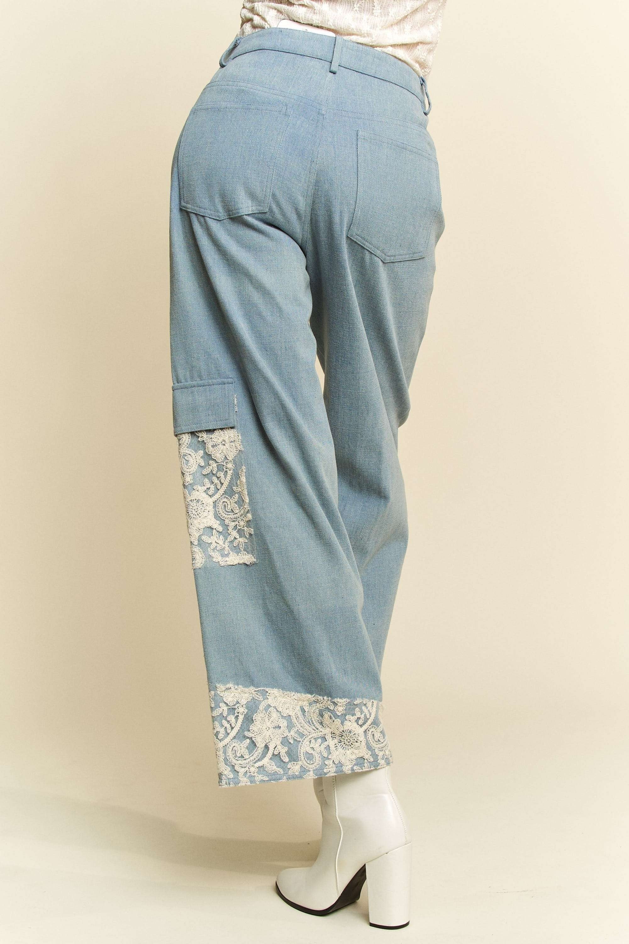 Light Denim Lace Applique Wide Leg Jeans