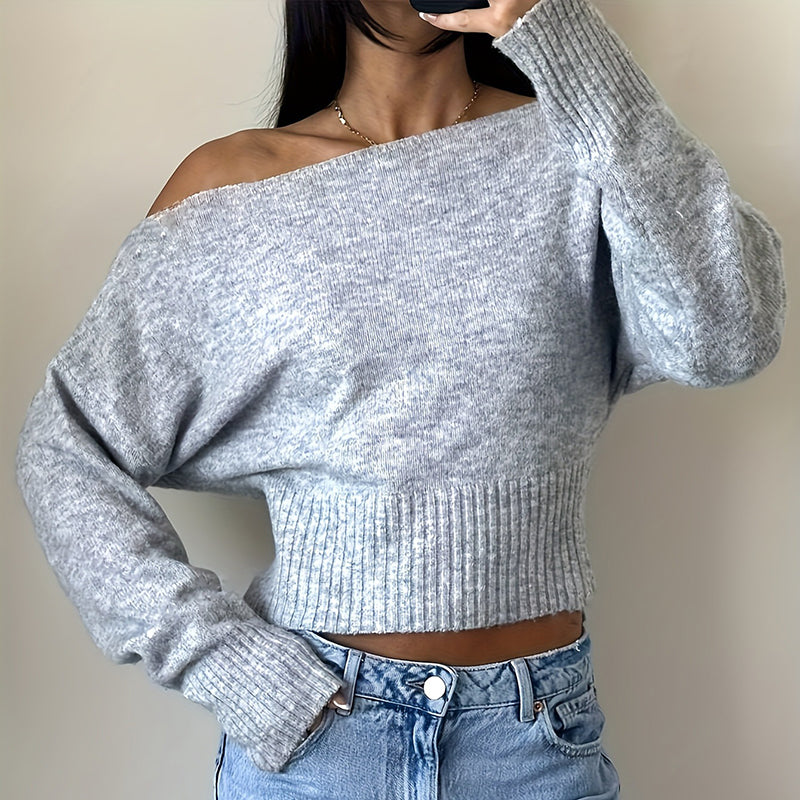 Off-Shoulder Cropped Sweater - Ribbed Knit Boat Neck Top