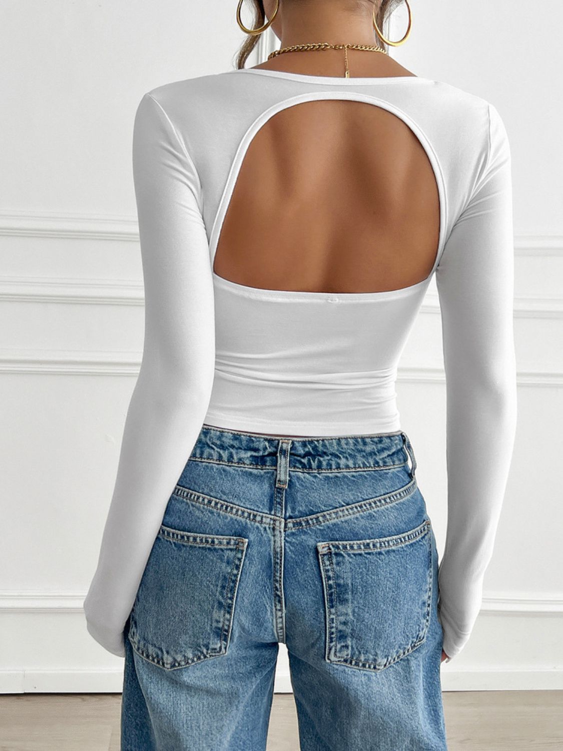 Devine Cutout Square Neck Long Sleeve T-Shirt - Fashions Envy