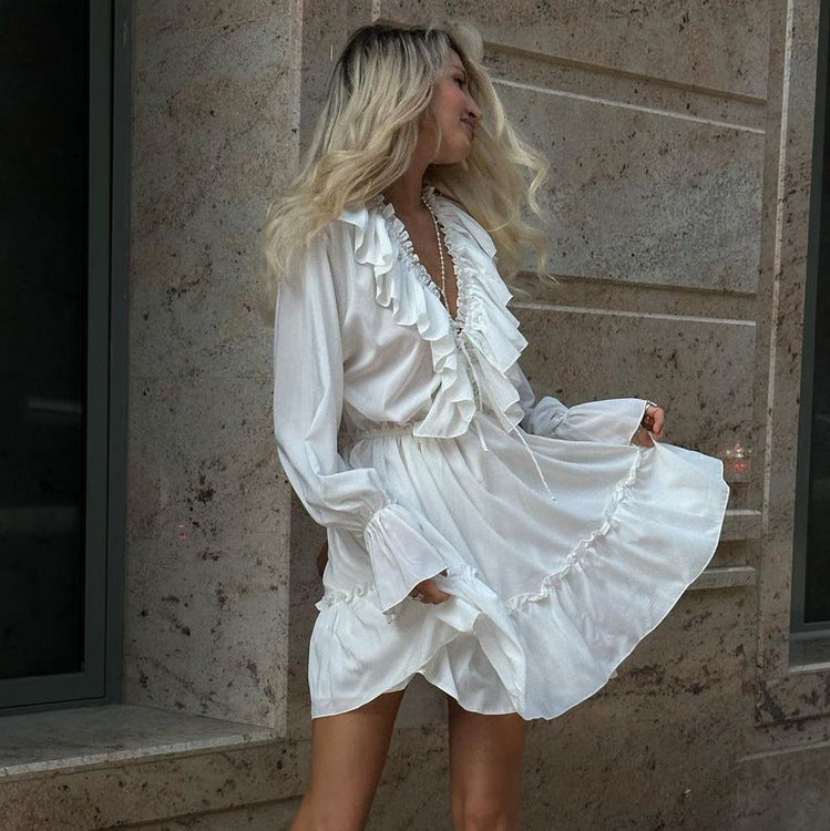 V-Neck Pleated Ruffle Long Sleeve Y2K Mini Dress