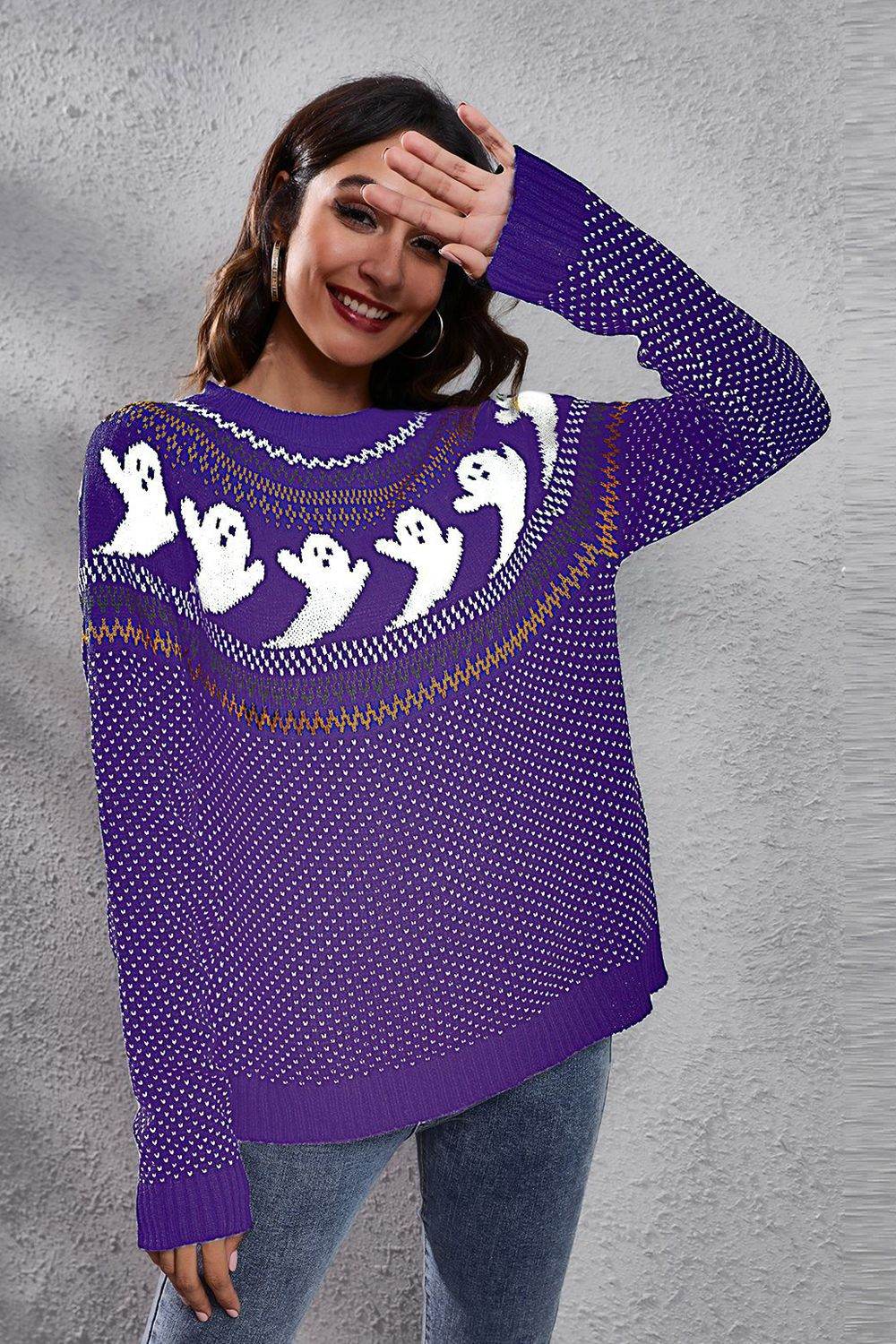 Ghost Pattern Round Neck Long Sleeve Sweater - Fashions Envy