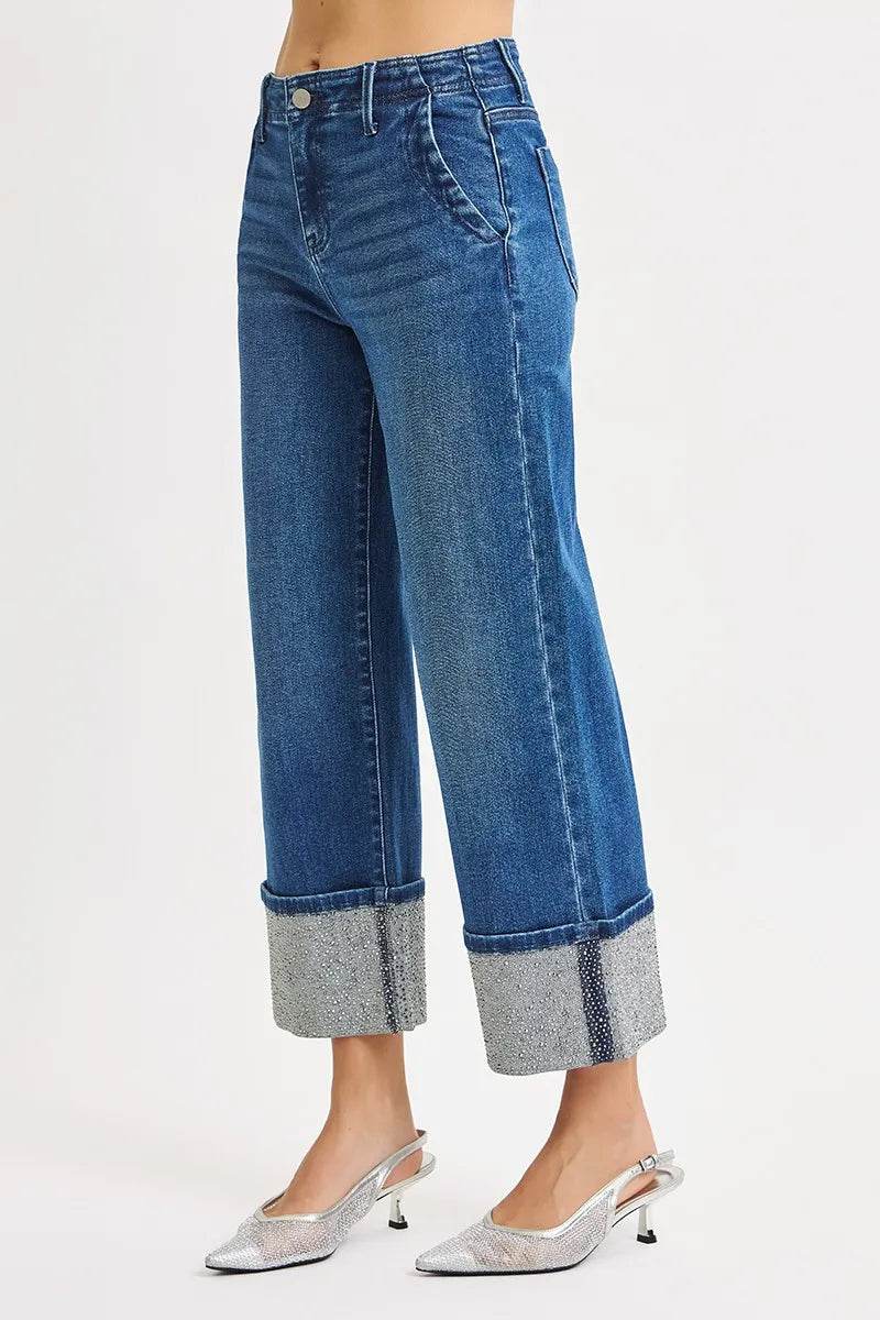 RISEN High Rise Ankle Wide Rhine Stone Cuffed Jeans - Fashions Envy