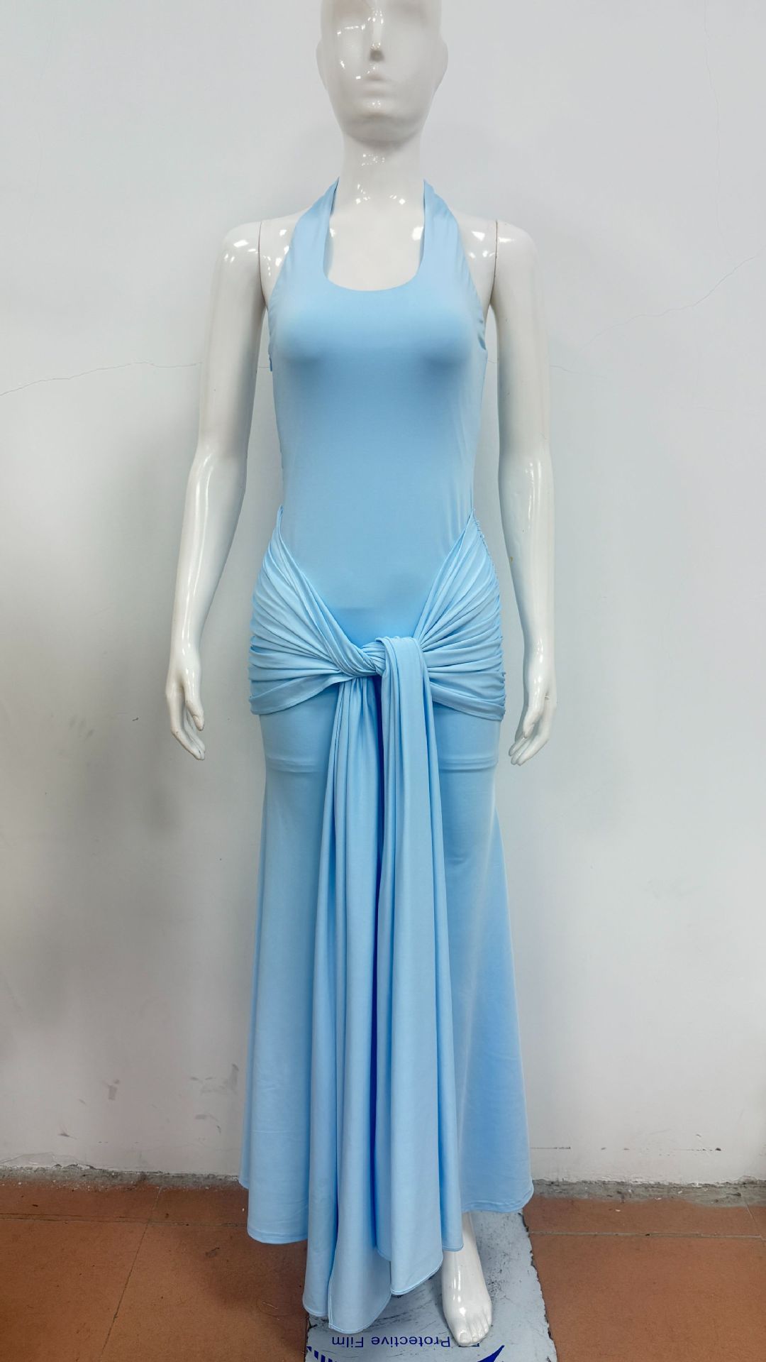 Open Back Pleated Dress - Patchwork Bodycon Gown