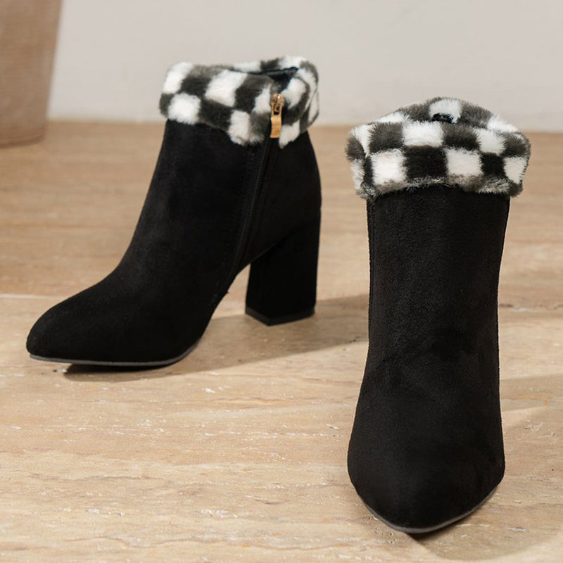 Plaid Ankle Boots - Furry Lined Square Heel Winter Boots